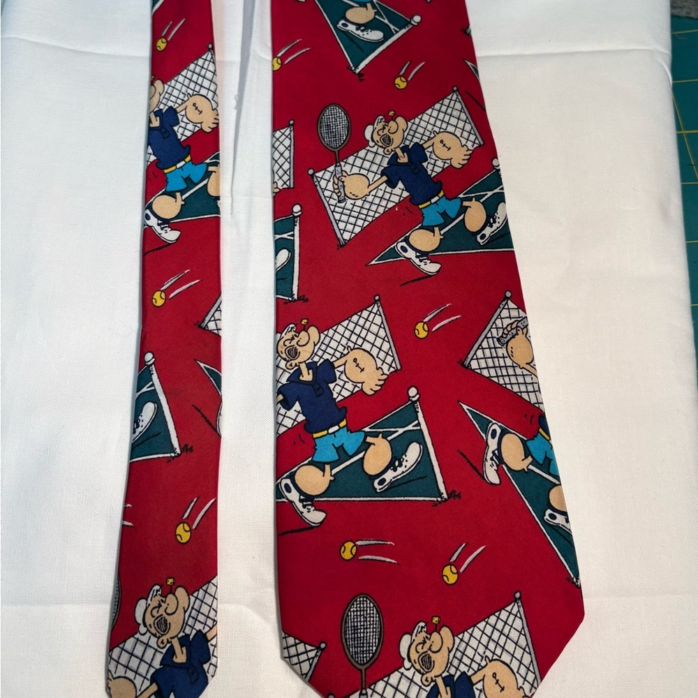 Popeye the Sailor Man Playing Tennis Men's Tie, Red Black Blue. Whimsical Silk